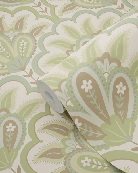 ESTAhome Tapete orientalisches Barockmotiv Grün - 50 x 900 cm - 131034