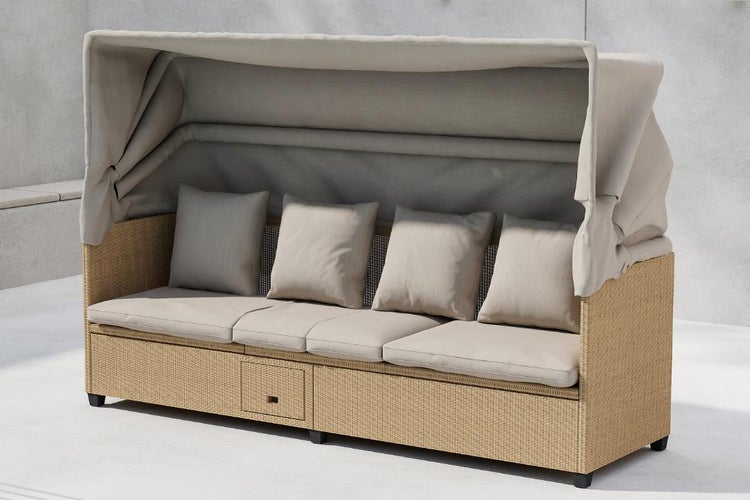 Geflochtener Outdoor-Strandkorb mit Baldachin und Kissen