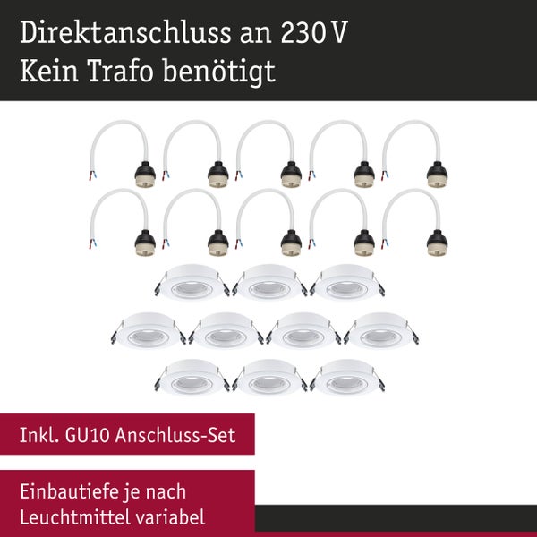 Set aus zehn Einbaustrahlern für den Decken Einbau mit GU10 Fassungen für den direkten Anschluss an 230 Volt ohne Transformator.