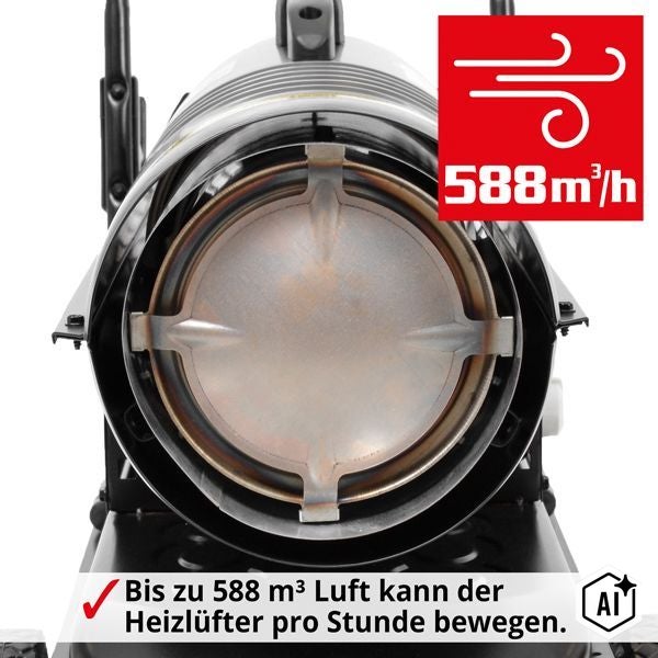 Heizlüfter mit einer Luftleistung von bis zu 588 Kubikmeter pro Stunde für effektive Raumbeheizung.