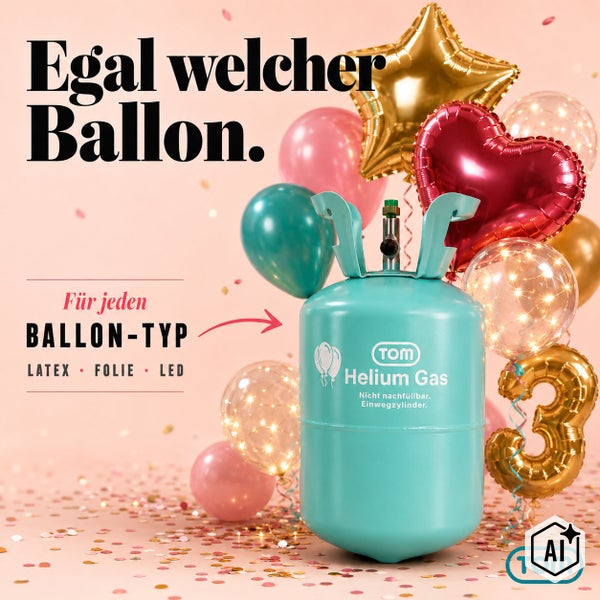TOM Einweg Heliumgasflasche für Latex Folien und LED Ballons mit Text Egal welcher Ballon für jeden Ballontyp.