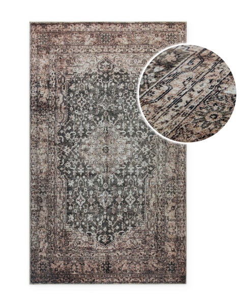 Teppich mit Orient-Muster im Vintage-Stil und Medaillon, Detailansicht der Webstruktur.