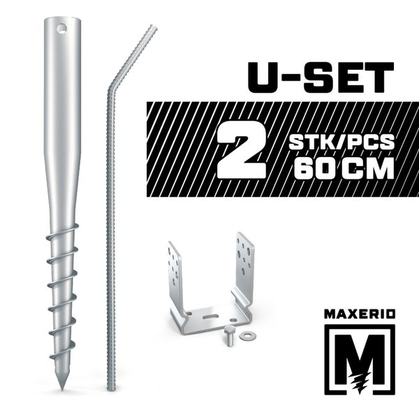 MAXERIO® 60 cm 2er U-Set + 8 cm Pfostenträger für Schraubfundament Bodenhülse Erdanker Erdschraube Einschraubhülse Erdschraubenfundament Bodenanker Schraubanker Fundament für Spielturm Zaun Pfosten Pavillon