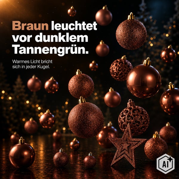 Set mit braunen Weihnachtskugeln und einem Weihnachtsstern vor einem dunklen Hintergrund.