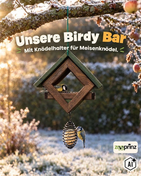 Hängendes hölzernes Vogelhaus mit integriertem Meisenknödelhalter an einem Baum im Garten mit zwei Meisen.