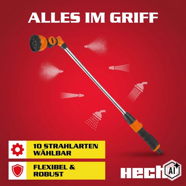 Hecht Gartenbrausestab mit zehn Strahlarten für die Gartenbewässerung und Hecht Logo.