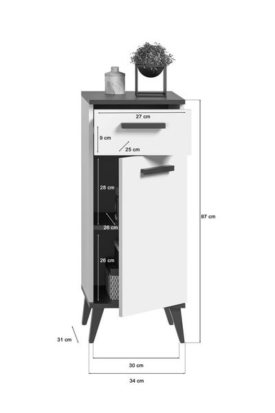 Rocket Badschrank 1 Tür, 1 Schublade weiß,grau. 34 X 31 X 87 cm