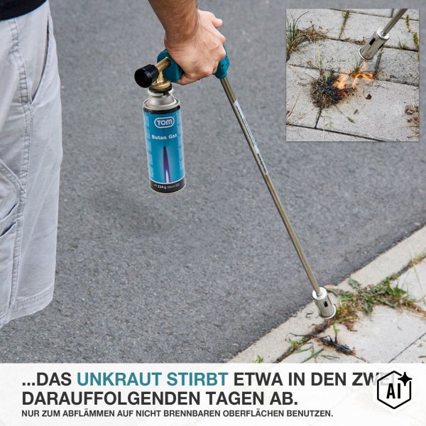 Ein Unkrautbrenner mit Butangaskartusche beim Abflammen von Unkraut zwischen Steinplatten auf einem Weg.