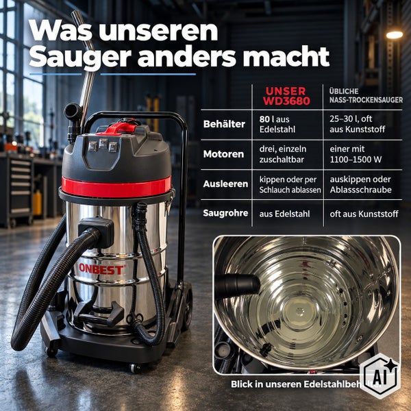 Hecht Deltaschleifer mit Klettplatte, Staubbox und Filter für Ecken und Kanten auf einer Werkbank.