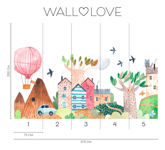 Wandbild mit Illustration einer kinderfreundlichen Stadtlandschaft mit Häusern, Bäumen, Bergen und einem Heißluftballon