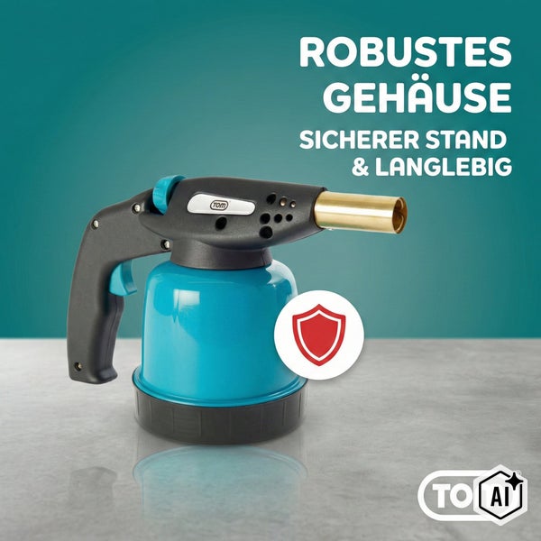 Ein Tom Lötbrenner mit robustem Gehäuse und sicherem Stand für Langlebigkeit inklusive Produktvorteilen und dem Tom Logo.