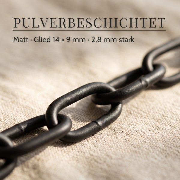 Pulverbeschichtete Gliederkette mit matter Oberfläche, Gliedgröße 14 mal 9 Millimeter, Materialstärke 2,8 Millimeter