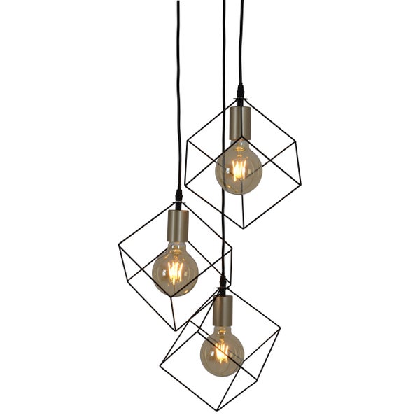 Hängelampe mit drei Glühbirnen und geometrischen Schirmen