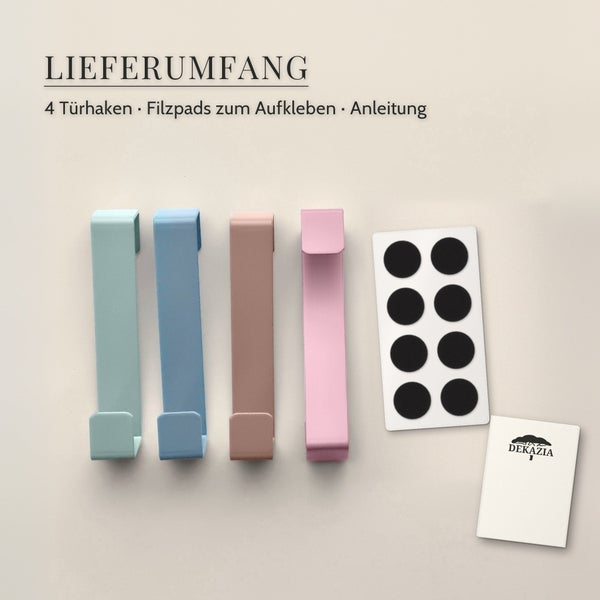 Set mit vier Türhaken, Klebefilzpads und Anleitung für Dekazia Türgarderoben.