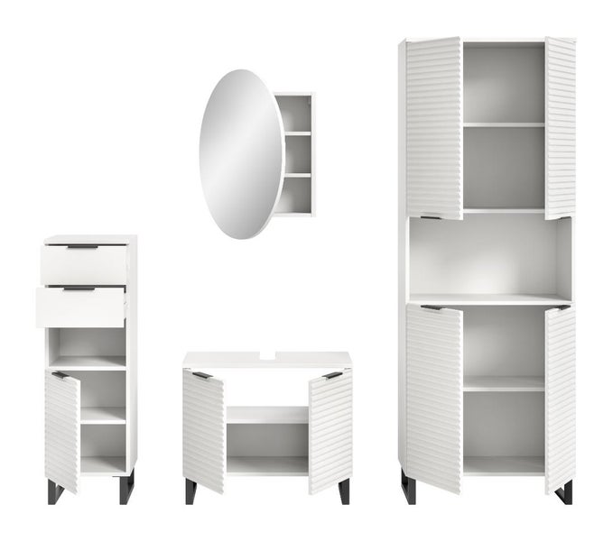 Weißes Badezimmermöbel-Set mit Hochschrank, Waschbeckenunterschrank, Beistellschrank und rundem Spiegelschrank mit Lamellenfronten.