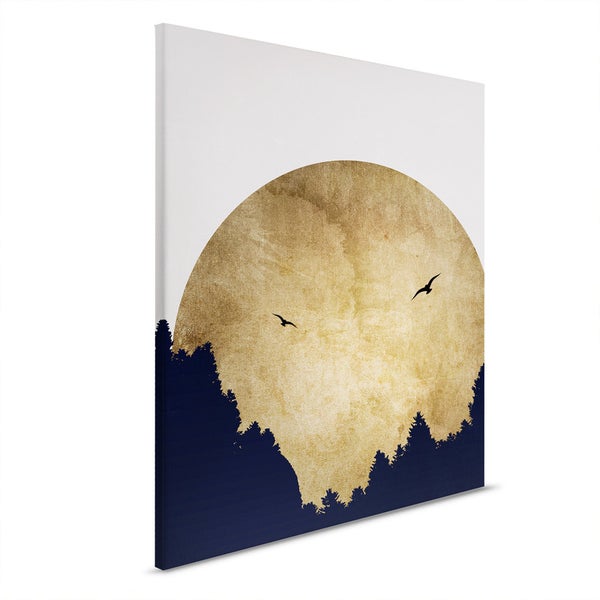 Leinwandbild mit Waldmotiv, Sonne und fliegenden Vögeln
