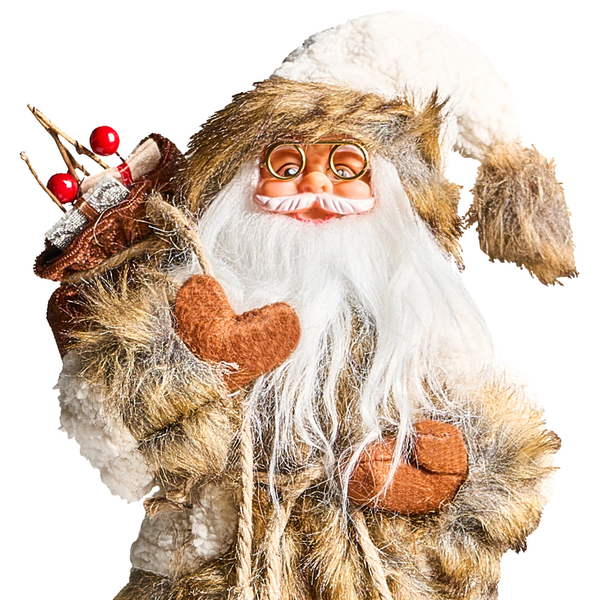 Weihnachtsmannfigur mit Brille und Geschenkesack