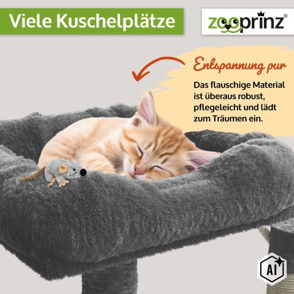 Eine Katze schläft auf einer weichen Liegefläche eines Katzenbaums neben einer Spielzeugmaus. Zooprinz Logo.