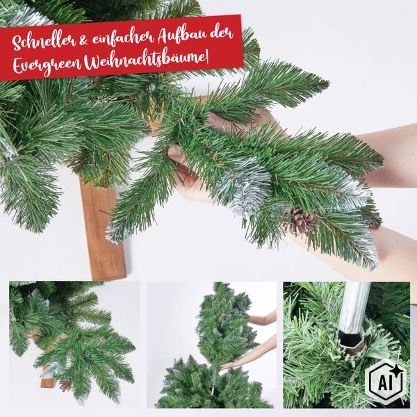 Detailansicht zum Aufbau eines künstlichen Weihnachtsbaumes mit Ästen, Tannenzapfen und Stecksystem.