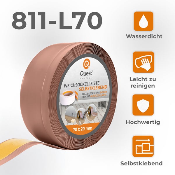 Quest Weichsockelleiste, Breite Sockelleiste 70 x 20 mm, PVC Knickleiste für Wand, Boden, Flexibel, Hellbraun, 15 Meter