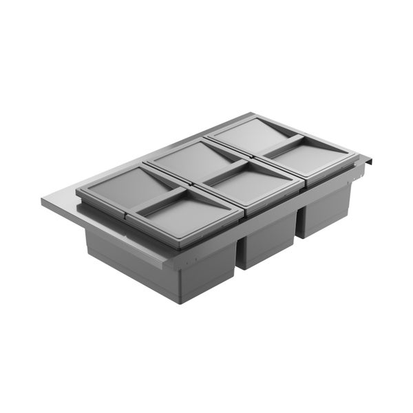 Einbaubares Mülltrennsystem mit drei grauen Kunststoffeimern und Deckeln für Küchenunterschränke.