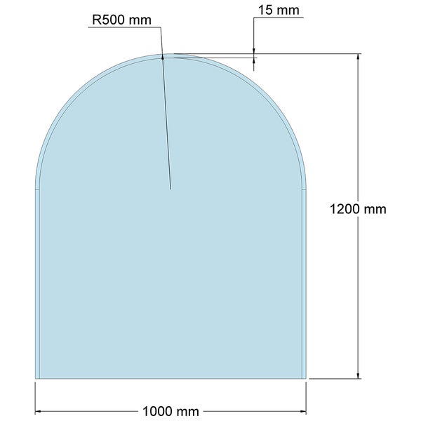 Maßzeichnung einer bogenförmigen Glasplatte. Breite 1000 Millimeter, Höhe 1200 Millimeter, Radius 500 Millimeter.