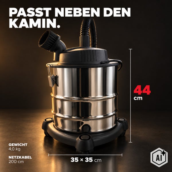 Aschesauger ONBEST AC1220 – Kaminsauger 1200 W, 20 l Edelstahlbehälter, 20 kPa, waschbarer Faltenfilter