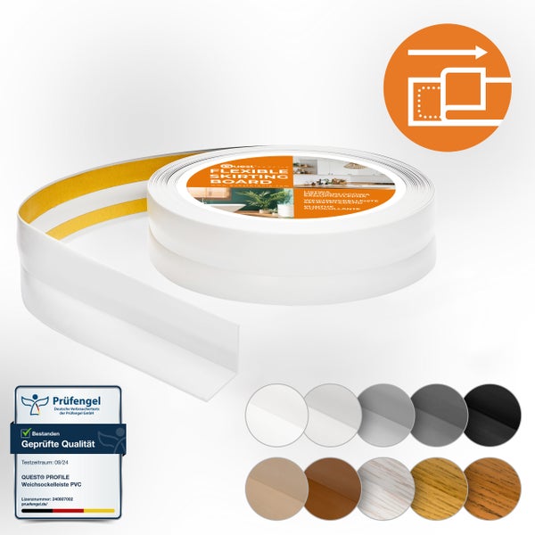 Quest Weichsockelleiste Selbstklebend 32 x 23 mm, PVC Sockelleiste, Flexibel, Weiß, 10 Meter