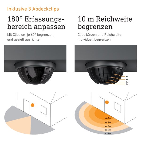 Infografik zur Anpassung des Erfassungsbereichs und der Reichweite eines Bewegungsmelders mit Hilfe von beiliegenden Abdeckclips.