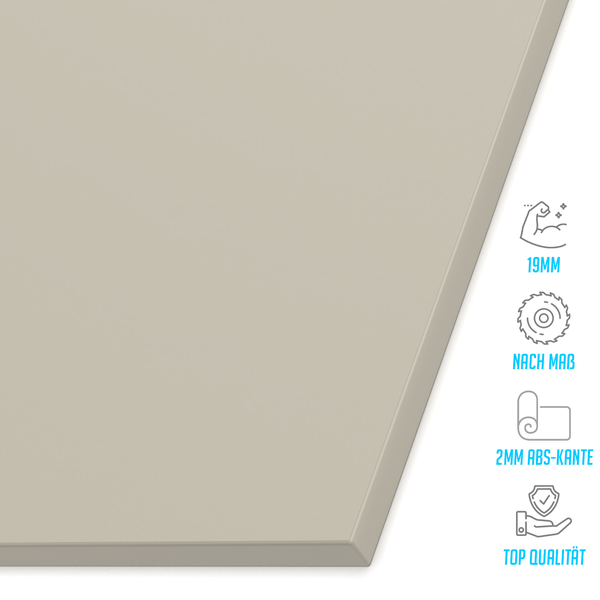 Arbeitsplatte mit einer Stärke von 19 mm, millimetergenauem Zuschnitt und einer 2 mm ABS-Kante für Top Qualität.