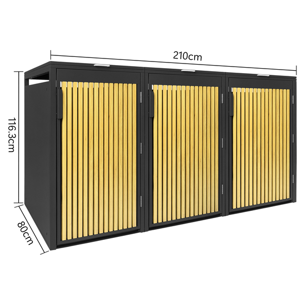 Mülltonnenbox für drei Mülltonnen, Abmessungen 210 x 116,3 x 80 cm