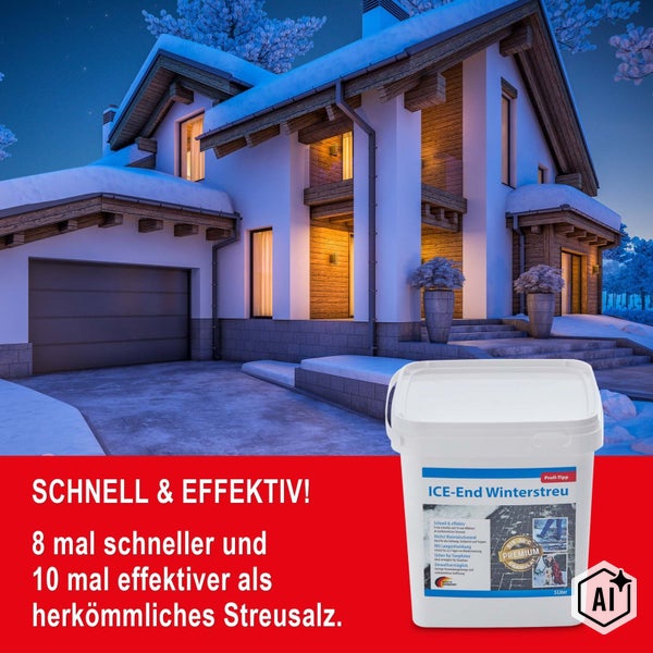 Eimer mit ICE-End Winterstreu für Gehwege und Einfahrten im Winter vor einem verschneiten Haus bei Nacht.