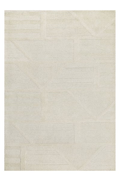 Rechteckiger Teppich mit geometrischem Relief-Muster, cremefarben.