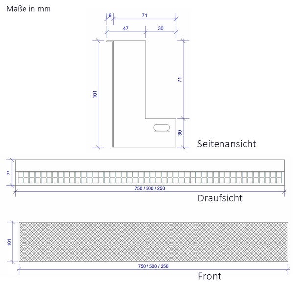 Technische Zeichnung mit Maßen für ein Lüftungsgitter mit Flachkanalanschluss, dargestellt in Seitenansicht, Draufsicht und Vorderansicht.