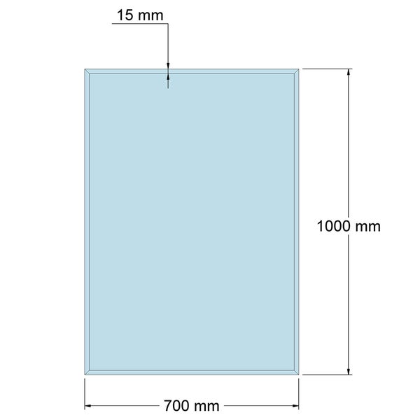 Maßzeichnung eines rechteckigen Elements mit den Abmessungen 700 Millimeter Breite, 1000 Millimeter Höhe und einer 15 Millimeter Facette.
