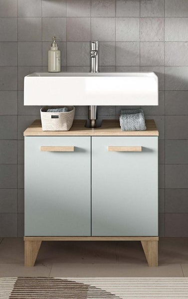 Waschtischunterschrank mit Waschbecken, Armatur, Seifenspender und Handtüchern im Badezimmer