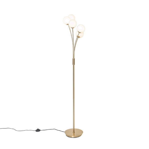 QAZQA - Moderne Stehlampe Gold I Messing mit Opalglas 5-flammig - Athens I Wohnzimmer I Schlafzimmer - Stahl Rund - LED geeignet G9