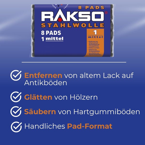 Rakso Stahlwolle 8 Pads Stärke 1 mittel zum Glätten von Holz und Entfernen von Lack.