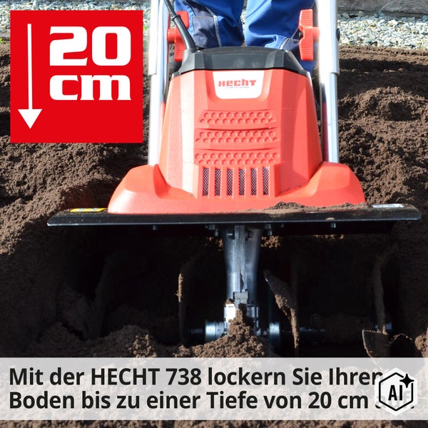 Hecht Elektro Gartenfräse 738 beim Auflockern von Boden bis zu einer Arbeitstiefe von 20 Zentimeter.