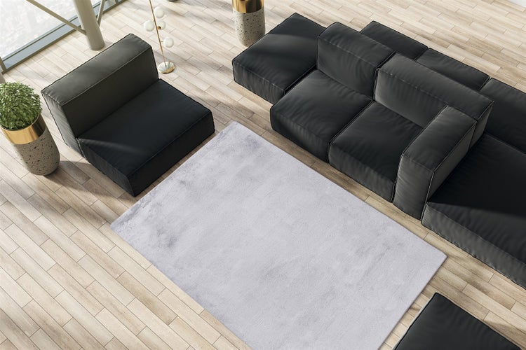 Moderner Wohnbereich mit rechteckigem Teppich, Modulsofa und Holzfußboden in heller, organisierter Atmosphäre aus der Vogelperspektive.