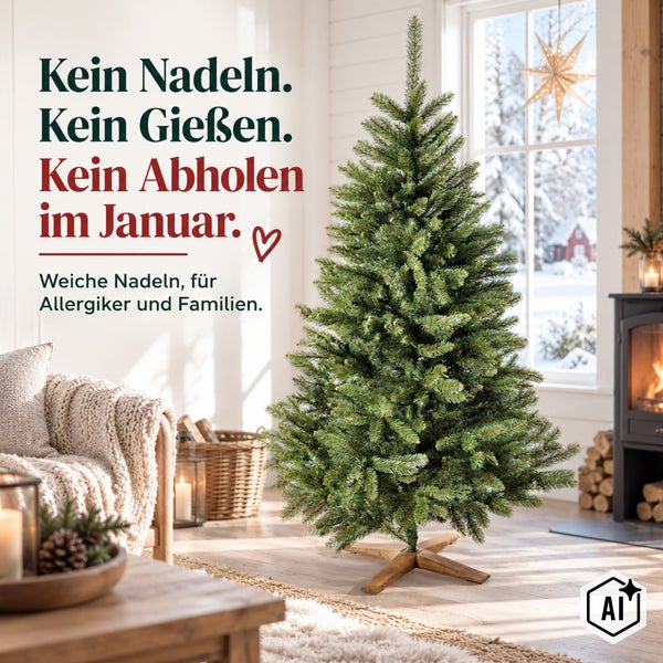 Künstlicher Weihnachtsbaum mit weichen Nadeln, aufgestellt in einem gemütlich eingerichteten Wohnzimmer mit Kamin und winterlichem Fensterblick.
