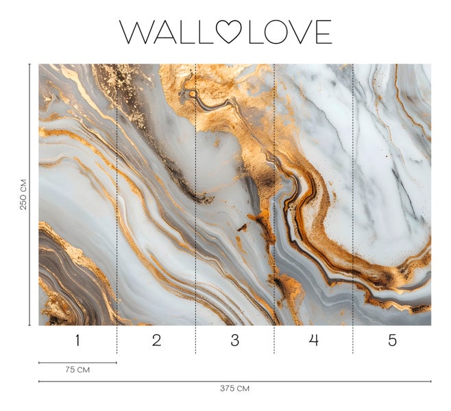 Fototapete mit Marmoroptik und goldenen Akzenten, bestehend aus fünf Bahnen