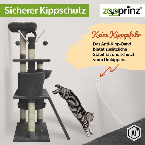 Katzenkratzbaum von Zooprinz mit Kippschutz zur Wandbefestigung und springender Katze zur Veranschaulichung der Stabilität.