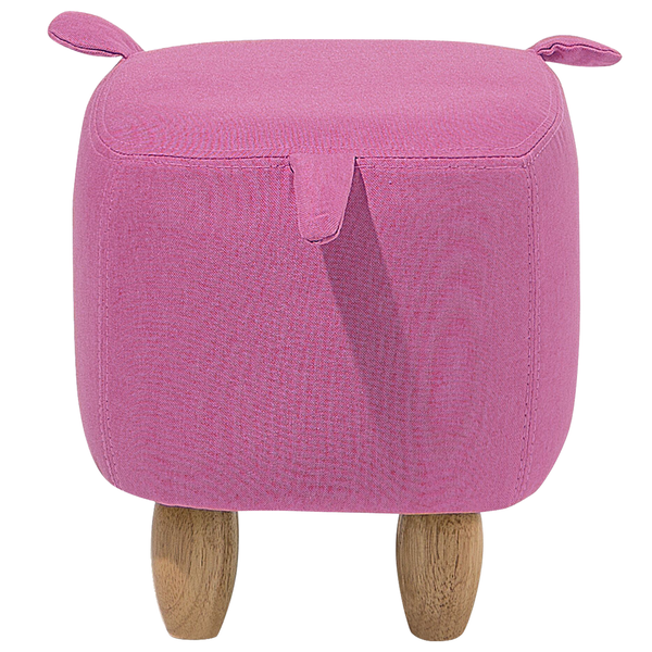 Sitzhocker für Kinder im Tierdesign mit rosa Stoffbezug und Holzbeinen.