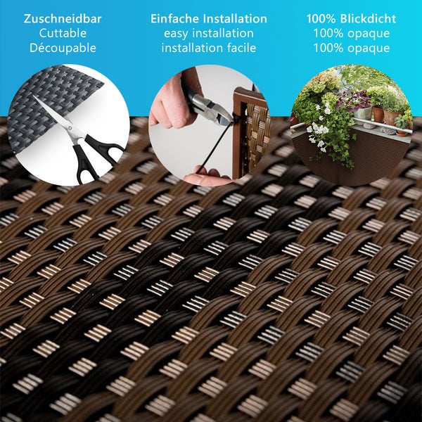 Sichtschutzmatte für den Balkon aus Kunststoffgeflecht, zuschneidbar, einfache Montage mit Kabelbindern, 100 Prozent blickdicht.