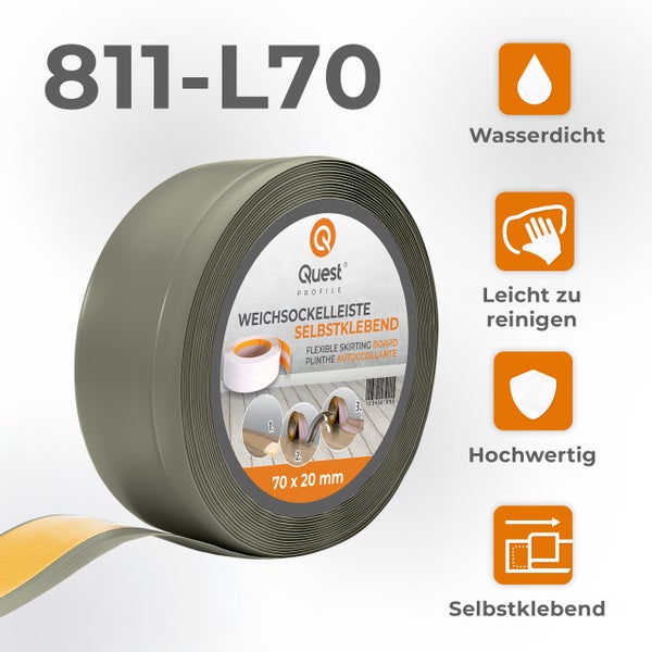 Drei Rollen selbstklebende Weichsockelleiste aus Kunststoff für Bodenbeläge in verschiedenen Ausführungen mit Anwendungsszenen.