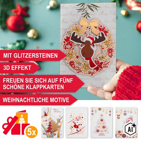 Set mit fünf weihnachtlichen Klappkarten mit dreidimensionalem Effekt und integrierten Glitzersteinen für festliche Weihnachtsgrüße.