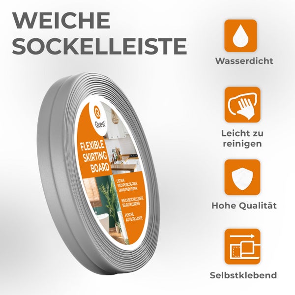 Quest Weichsockelleiste Selbstklebend 10 x 10 mm, PVC Knickleiste , Flexibel, Silber, 5 Meter