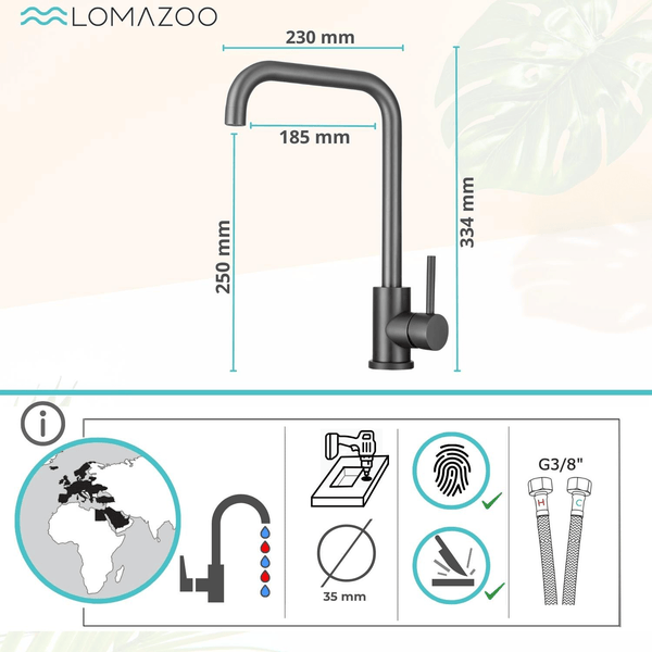 Lomazoo Küchenarmatur mit Maßangaben und Installationssymbolen