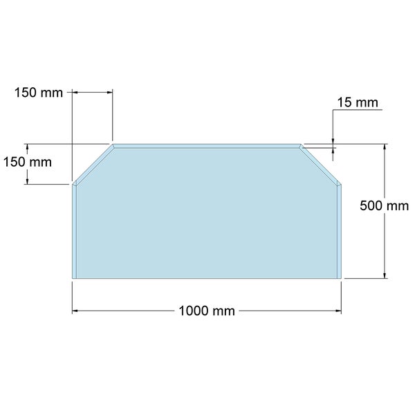 Maßzeichnung einer Glasplatte mit 1000 Millimeter Breite, 500 Millimeter Höhe und 15 Millimeter Stärke mit abgeschrägten Ecken oben.
